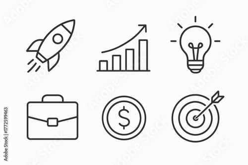 Startup growth icons: rocket, graph, lightbulb, briefcase, coin, target