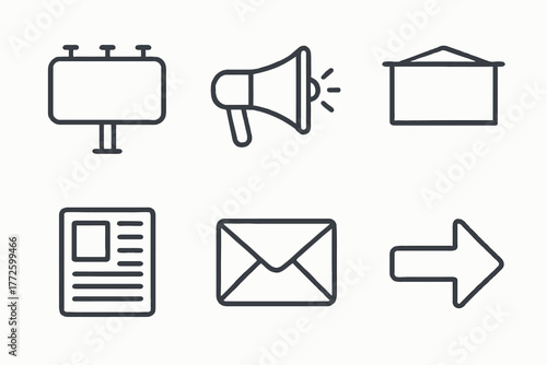 Minimalistic icon set featuring megaphone, envelope, and arrow symbols