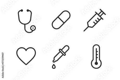 Minimalist medical icon set including stethoscope, pill, syringe, heart, dropper, thermometer