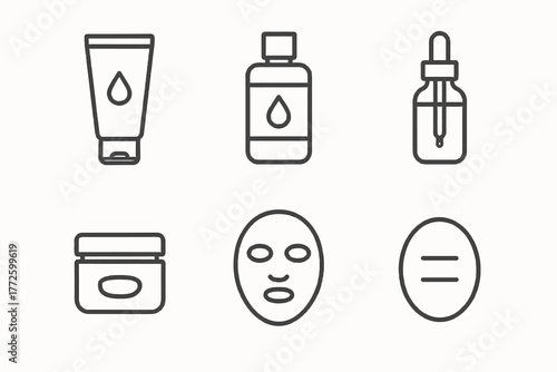Skincare icons: lotion, serum, mask, bottle, dropper, cream