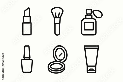 Minimalist cosmetic icons collection: lipstick, brush, perfume, nail polish, compact, tube