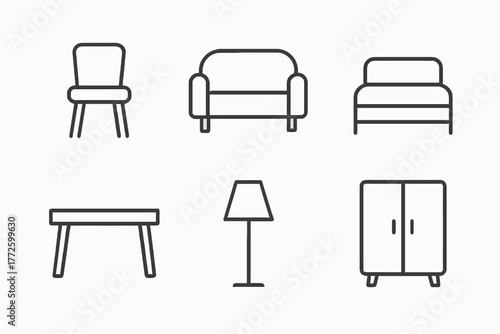 Minimalist furniture icons set featuring chair, sofa, bed, table, lamp, and wardrobe