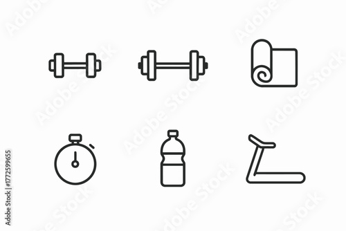 Minimalist fitness equipment icons: dumbbells, yoga mat, stopwatch, water bottle, treadmill