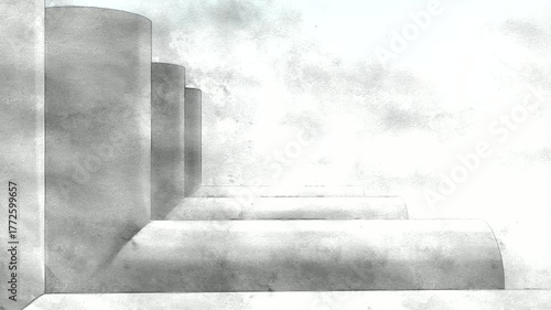 Rounded Pillar and Column Architecture Animation in Monochrome Sketch with Geometric Perspective and Vintage Grunge Interior Design