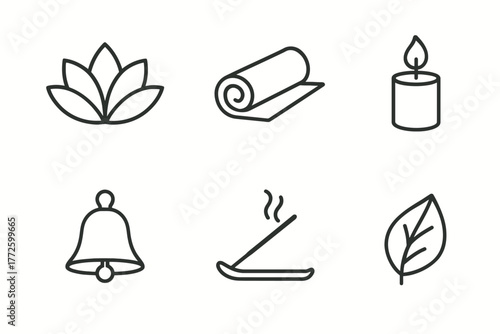 Minimalist meditation icons: yoga mat, candle, lotus, bell, incense, leaf