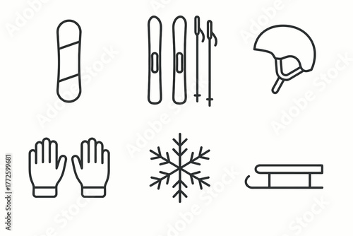 Winter sports gear icons: snowboard, skis, helmet, gloves, snowflake, sled