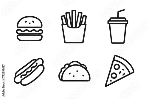 Fast food icon set: burger, fries, drink, hot dog, taco, pizza