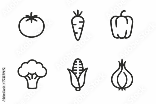Outline icons of tomato, carrot, bell pepper, broccoli, corn, and onion vegetables