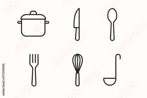 Minimalist line art of kitchen utensils including pot, knife, spoon, fork, whisk, and ladle