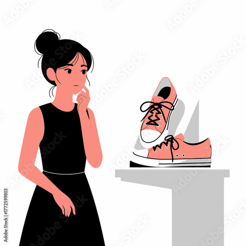 Woman contemplating sneakers on display, pondering footwear choice.