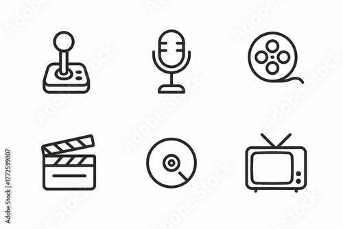 Retro entertainment icons featuring joystick, microphone, and film reel