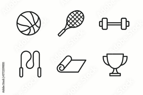 Outline icons of sports equipment including basketball, tennis, dumbbell, and trophy