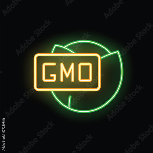 Glowing neon icon of cabbage with gmo sign, representing genetically modified food