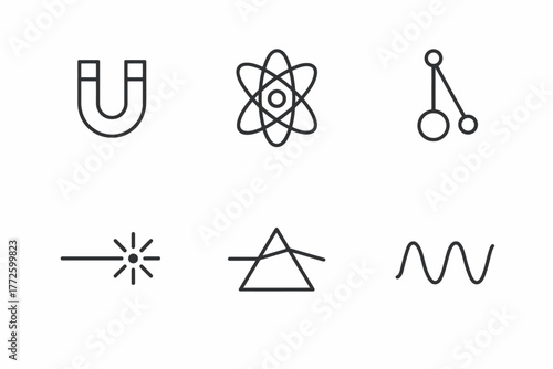 Set of six minimal science icons representing physics concepts