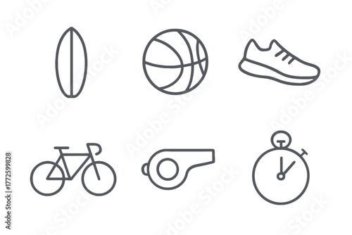 Minimalist sports icons: surfboard, basketball, sneakers, bicycle, whistle, stopwatch