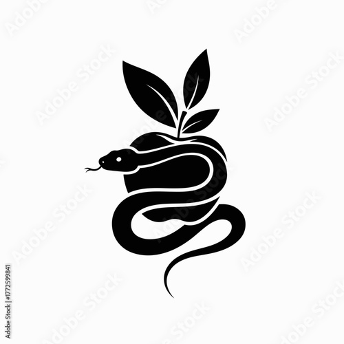 A silhouette icon of a snake wrapped around an apple. Biblical symbol of temptation, sin, and forbidden knowledge. Minimalist black graphic isolated on a white background