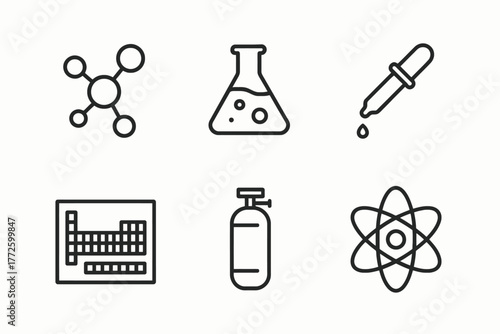 Science icons: molecule, flask, dropper, periodic table, gas cylinder, atom
