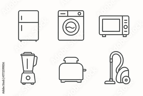 Line art icons of household appliances: fridge, washer, microwave, blender, toaster, vacuum