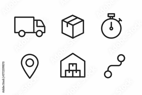 Delivery icons set: truck, box, timer, location, warehouse, route
