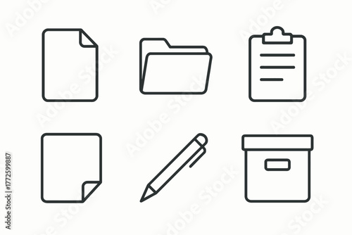 Minimalist office icons set: document, folder, clipboard, box, pen