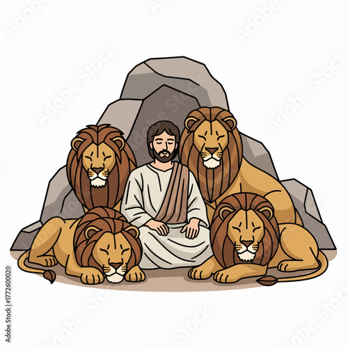 Daniel in the lion's den biblical story. Cartoon graphic of the prophet showing faith and courage. Man praying peacefully surrounded by calm lions in a cave