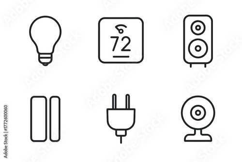 Smart home icons: light bulb, thermostat, speaker, switch, plug, webcam