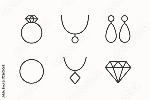 Minimalist jewelry icons: rings, necklaces, earrings, diamonds in line art
