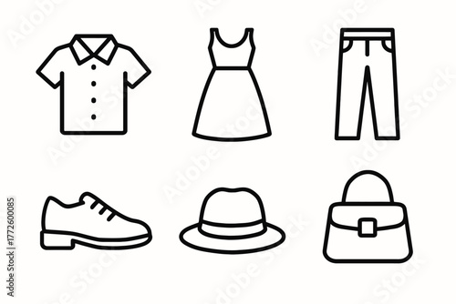 Simple line art icons of clothing and accessories: shirt, dress, pants, shoe, hat, and bag