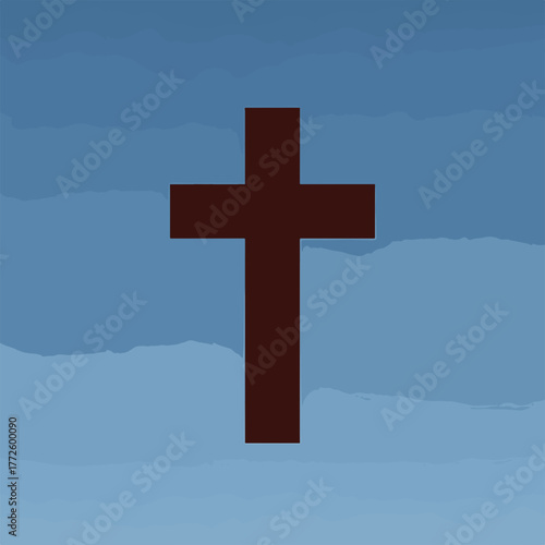 A simple Christian cross symbol against a blue sky. Minimalist flat design graphic for religion and faith. Concept for Easter, Good Friday, and salvation