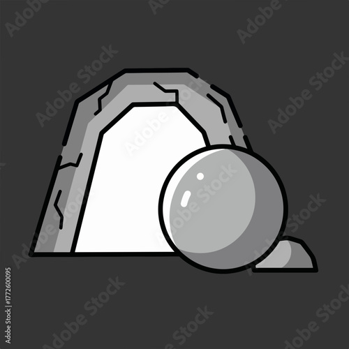 The empty tomb of Jesus icon. Christian symbol of the resurrection for Easter. Minimalist grayscale graphic