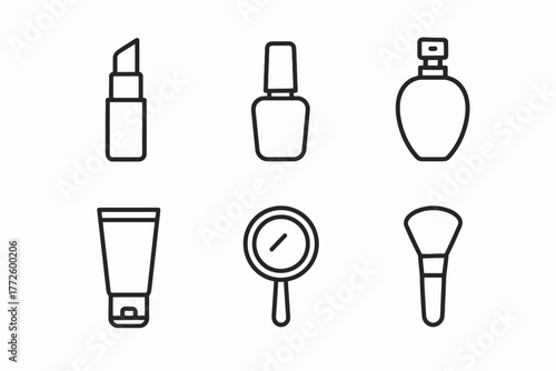 Outline icons of lipstick, nail polish, perfume, lotion, mirror, and brush