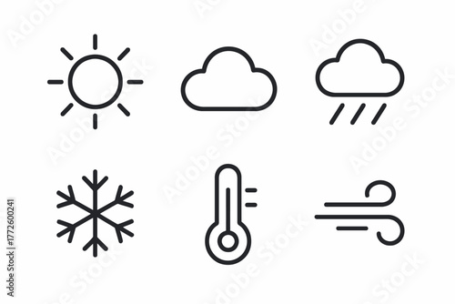Weather icons: sun, cloud, rain, snowflake, thermometer, wind