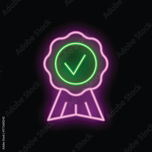 Neon sign in the shape of a purple badge with a green tick glowing on a black background