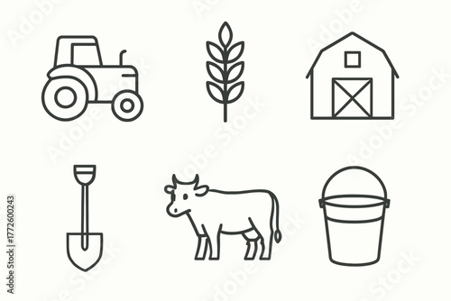 Farm life icons set: tractor, crop, barn, shovel, cow, bucket