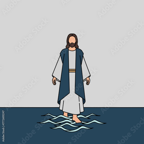 Jesus walking on water biblical story. A minimalist flat design of the Christian miracle. Religious graphic symbol of faith and God