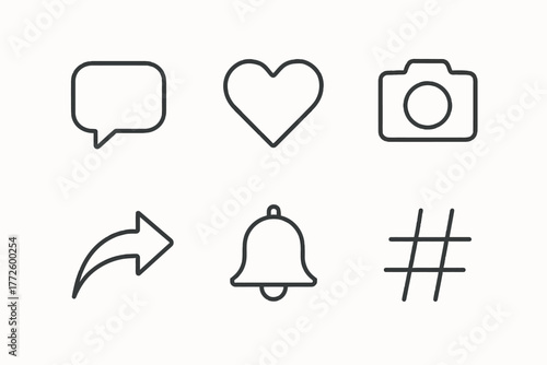 Social media icons: chat bubble, heart, camera, share arrow, bell, hashtag