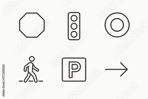 Simple traffic symbols: stop sign, traffic light, roundabout, pedestrian, parking, arrow