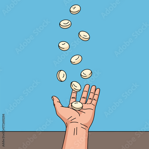 Manna from heaven cartoon graphic. The biblical story of divine provision from the book of Exodus. A hand catching bread from the sky