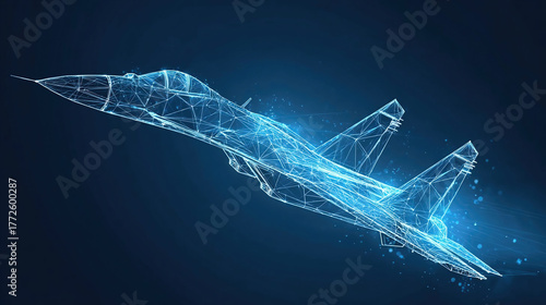 Abstract fighter jet. Digital military supersonic airplane. Technology innovation speed concept. Abstract wireframe aircraft consist of connected dots.
