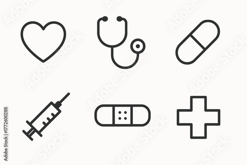 Healthcare icons: heart, stethoscope, pill, syringe, bandage, cross