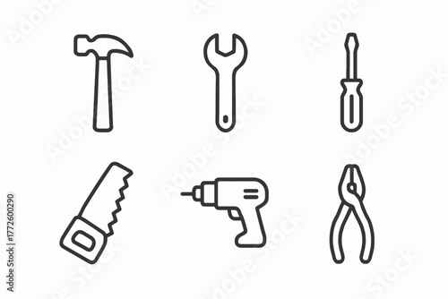 Set of six outline tools: hammer, wrench, screwdriver, saw, drill, pliers icons