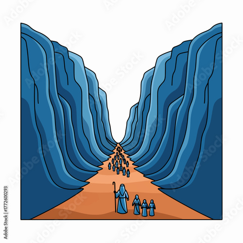 Cartoon illustration of Moses parting the Red Sea. The biblical story of the Exodus. Religious graphic for Passover and faith concepts