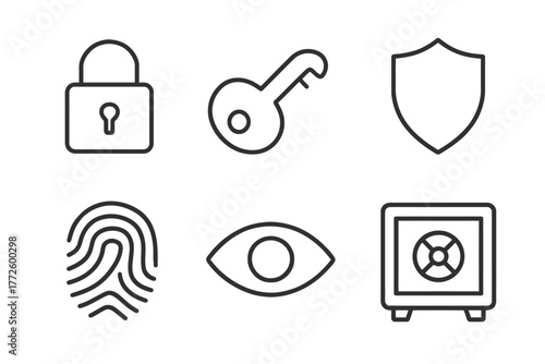 Security symbols set with lock, key, shield, fingerprint, eye, and safe icons