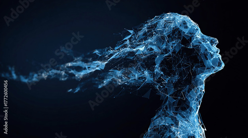 Abstract human head consists of connected dots, lines, and polygons flows into the wires of a circuit. The silhouette of a cyborg in low poly blue.