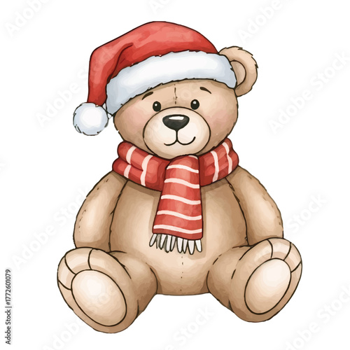Cute Watercolor Teddy Bear with Red Scarf