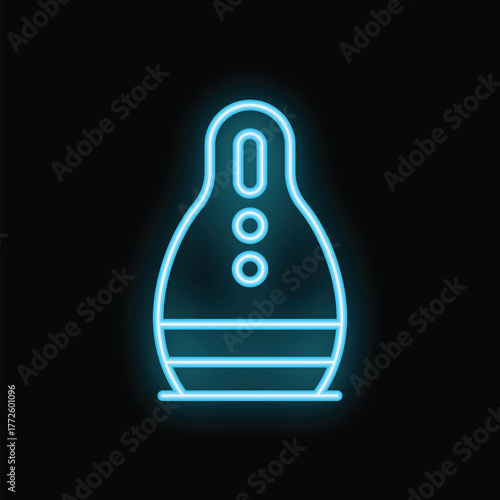 Blue neon sign of a punching bag glowing on a black background
