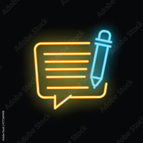 Neon sign of a speech bubble being written with a pen, on a dark background, ideal for topics such as communication, writing and ideas