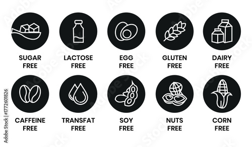 Set allergen free icons. Allergen free label products. Free lactose, gluten, sugar, corn, egg, trans fat, dairy, soy, nuts, caffeine, symbol, logo, badge, black, vector, isolated on white background.