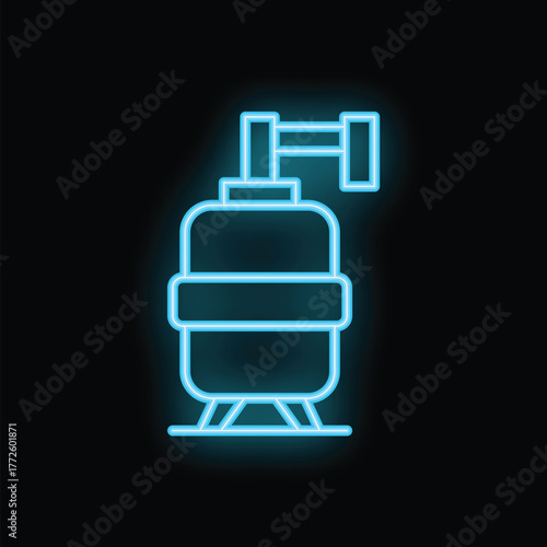 Blue glowing neon icon of a water heater on a black background