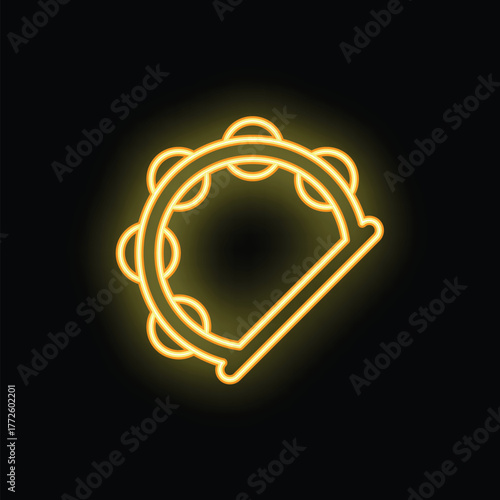 Yellow neon sign depicting a tambourine with metal jingles on a black background